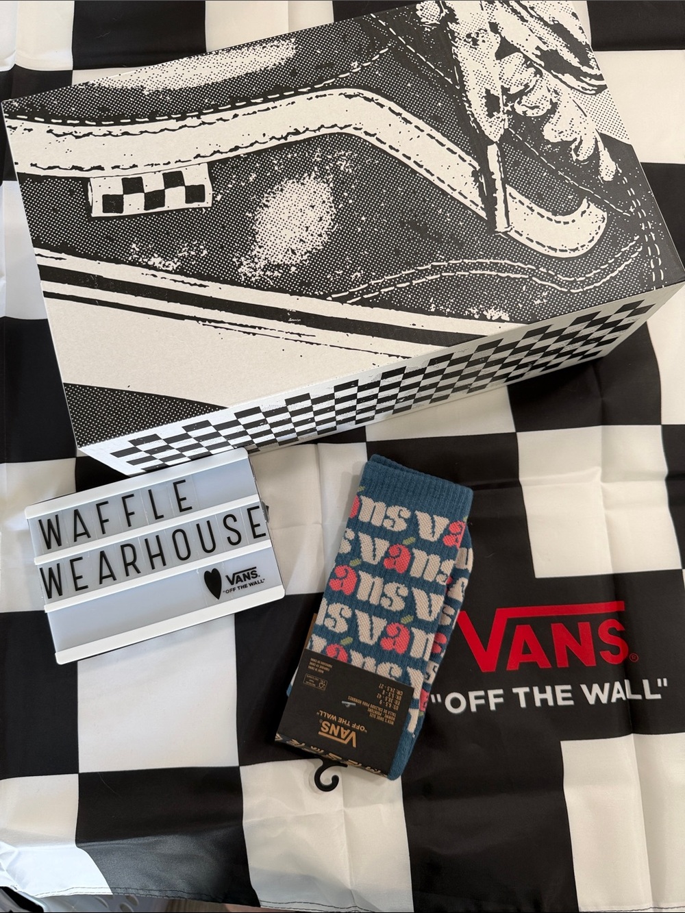 Vans Blue Crew Socks with Pink and Cream Logo Pattern